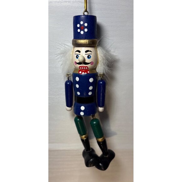Vintage Wooden Nutcracker Soldier Ornament With White Hair & Blue Uniform 6" - Picture 3 of 6